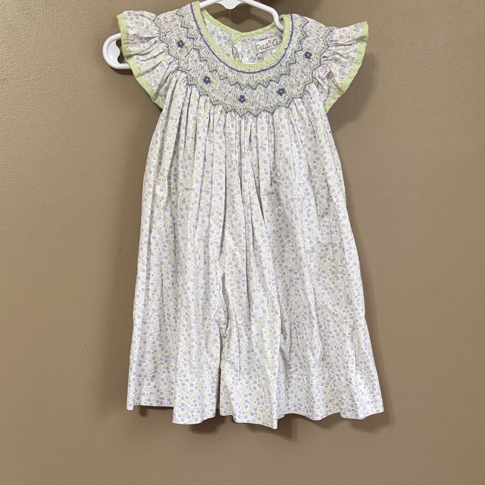 Purple and Green Floral Smocked Dress with Ruffle Sleeves